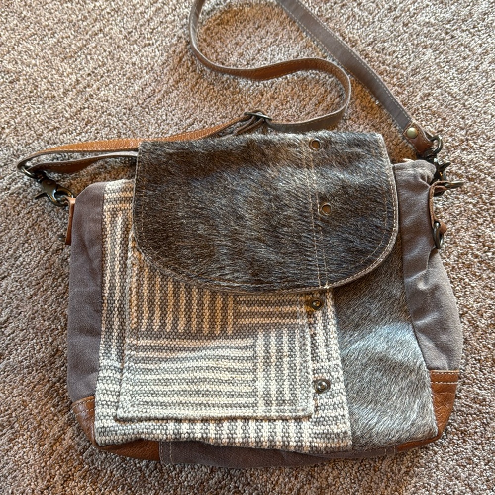 Myra Bag crossbody tan cotton bag simulated animal hair on flap in front of bag